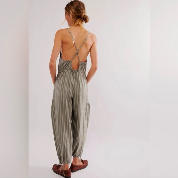 Free People Faded Sage Green and cream striped Verona Jumpsuit with barrel pants - Picture 6 of 8